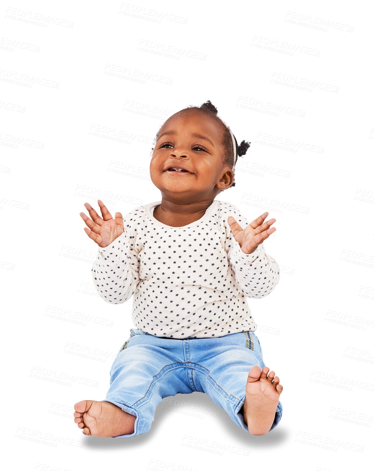 Buy stock photo African, children and adorable with a girl baby isolated on a transparent background for child development. Kids, happy and innocent with a cute young female infant sitting on PNG in a casual outfit