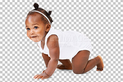 Buy stock photo Cute, infant and smile with baby crawling on transparent background for youth, innocence and learning. Happy, african and sweet with toddler isolated on png for playful, cheerful and positive