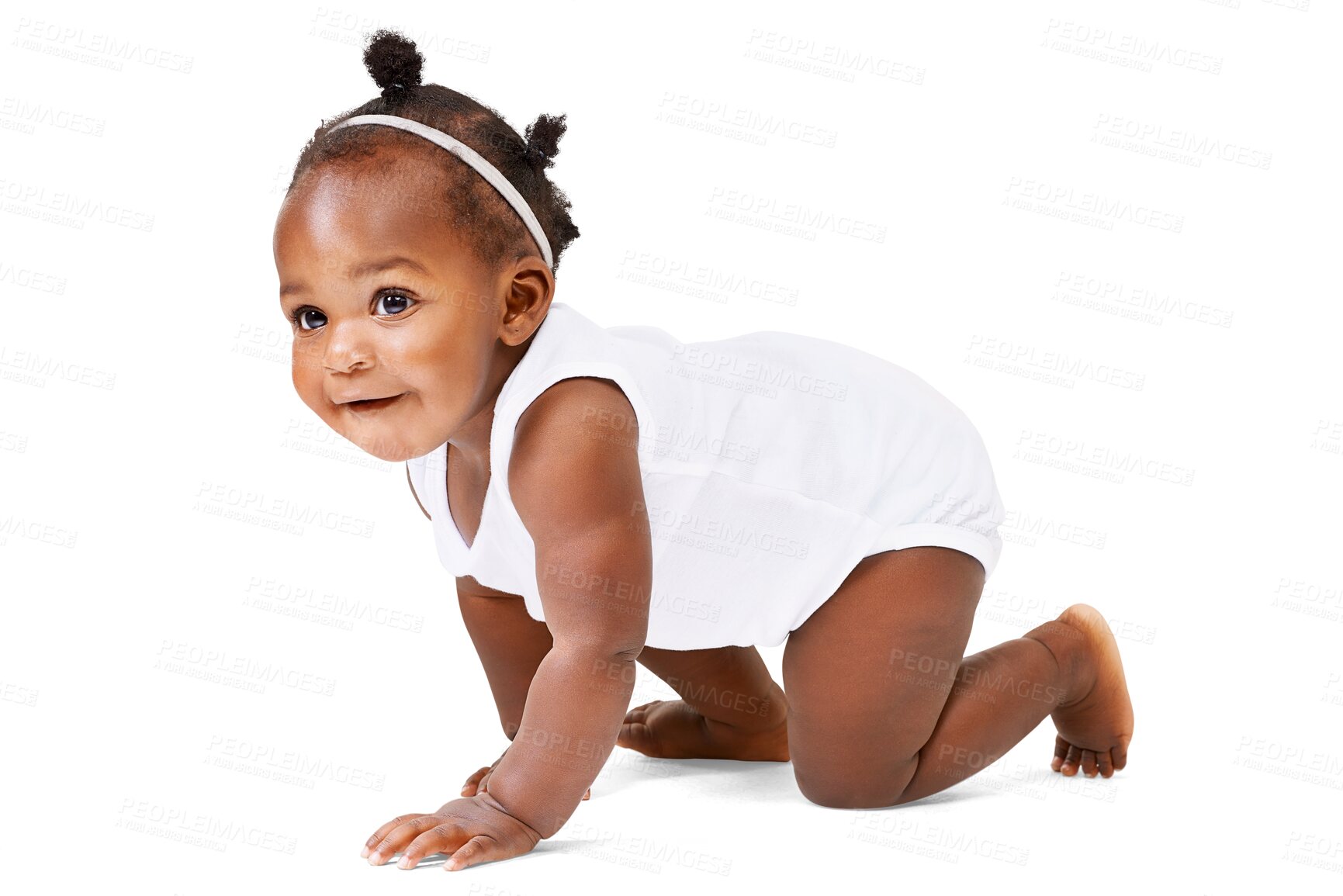 Buy stock photo Cute, infant and smile with baby crawling on transparent background for youth, innocence and learning. Happy, african and sweet with toddler isolated on png for playful, cheerful and positive