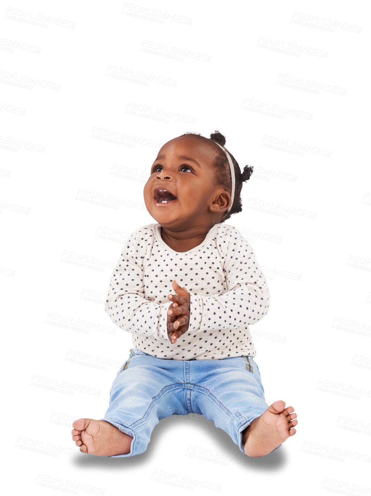 Buy stock photo African, children and clapping with a girl baby isolated on a transparent background for child development. Kids, fashion and innocent with an adorable female infant sitting on PNG in a casual outfit