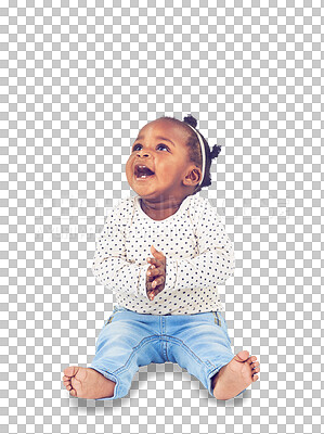 Buy stock photo African, kids and cute with a girl baby isolated on a transparent background for child development. Fashion, children and innocent with an adorable female infant laughing on PNG in a casual outfit