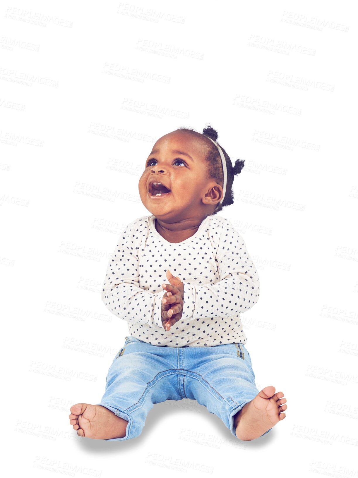 Buy stock photo African, kids and cute with a girl baby isolated on a transparent background for child development. Fashion, children and innocent with an adorable female infant laughing on PNG in a casual outfit