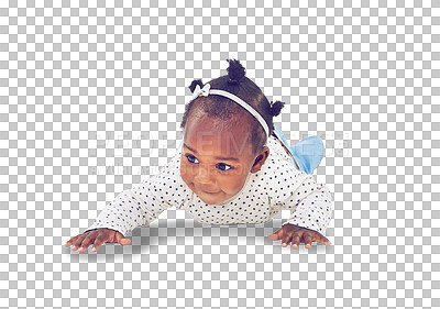 Buy stock photo Happy, baby or girl crawling for child development, growth and learning. Happiness, cute toddler or black infant kid crawl on floor with a smile for milestone isolated on transparent, png background