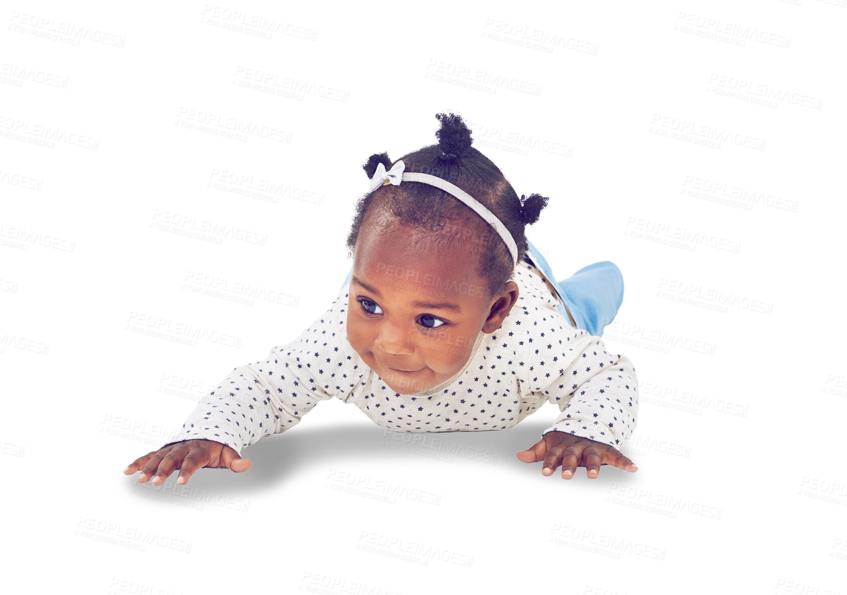 Buy stock photo Happy, baby or girl crawling for child development, growth and learning. Happiness, cute toddler or black infant kid crawl on floor with a smile for milestone isolated on transparent, png background