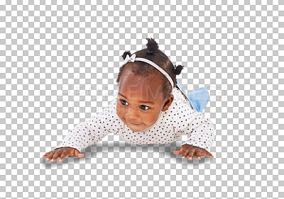 Buy stock photo Happy, baby girl or child crawl for development, growth and learning. Strong, healthy toddler or black infant kid crawling on floor for milestone and play isolated on a transparent, png background