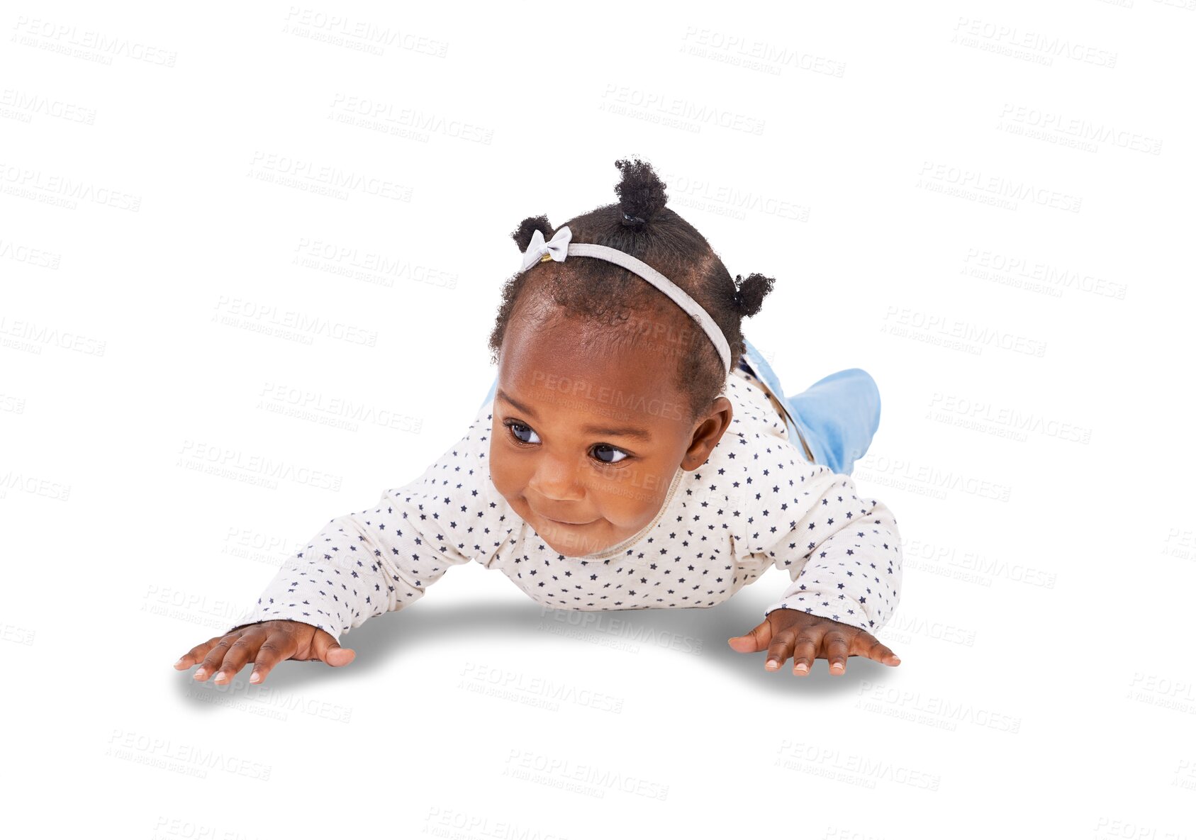 Buy stock photo Happy, baby girl or child crawl for development, growth and learning. Strong, healthy toddler or black infant kid crawling on floor for milestone and play isolated on a transparent, png background