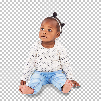 Buy stock photo African, children and curious with a girl baby isolated on a transparent background for child development. Kids, adorable and fashion with a cute female infant sitting on PNG in a casual outfit