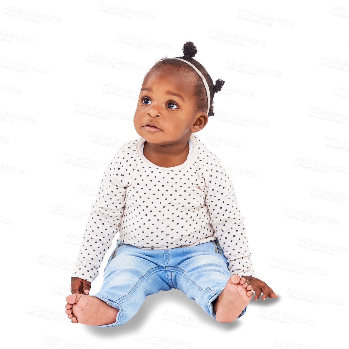 Buy stock photo African, children and curious with a girl baby isolated on a transparent background for child development. Kids, adorable and fashion with a cute female infant sitting on PNG in a casual outfit