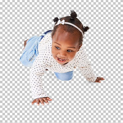 Buy stock photo Isolated African baby girl, crawl and smile with moving, steps or learning by transparent png background. Young female child, crawling and childhood development with clothes, excited and kids fashion