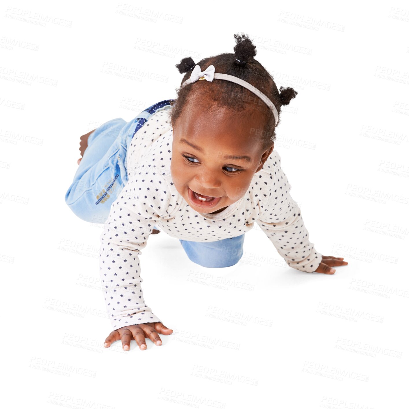 Buy stock photo Isolated African baby girl, crawl and smile with moving, steps or learning by transparent png background. Young female child, crawling and childhood development with clothes, excited and kids fashion