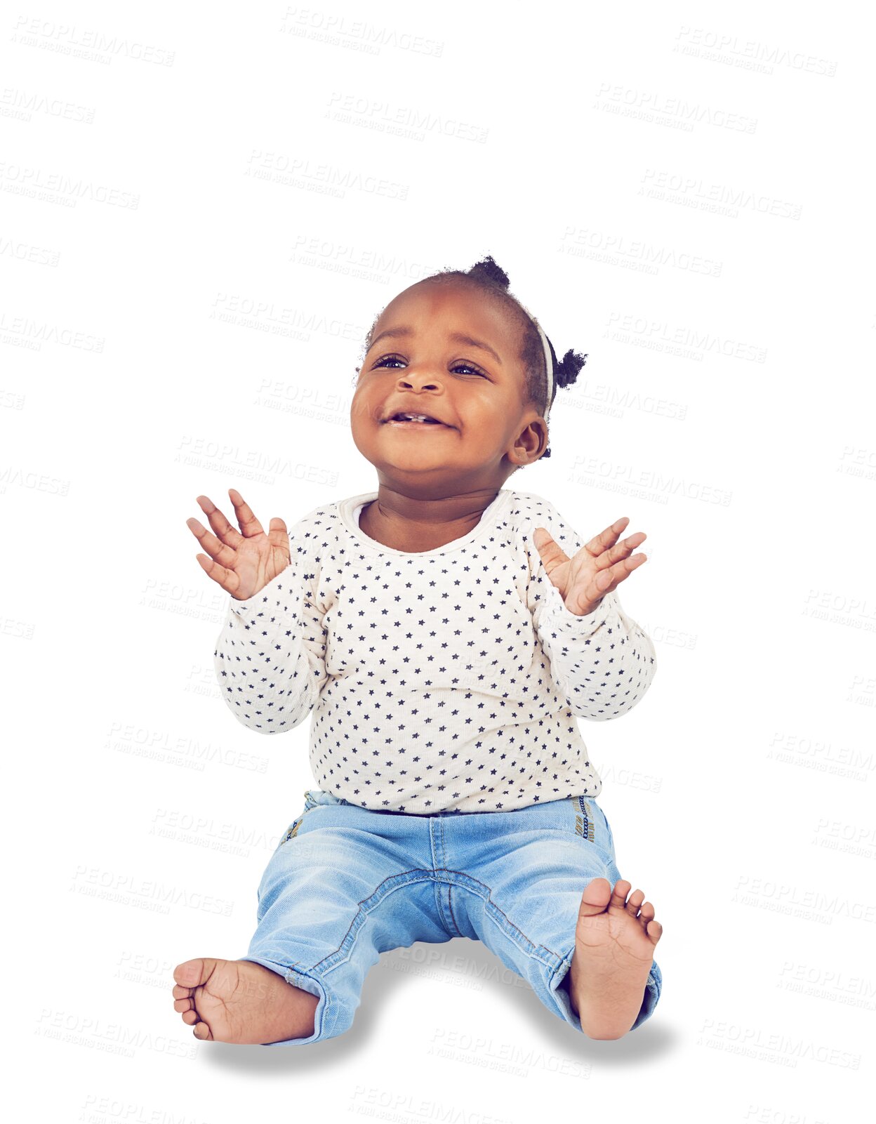 Buy stock photo African, kids and fashion with a girl baby isolated on a transparent background for child development. Children, adorable and innocent with a cute female infant sitting on PNG in a casual outfit