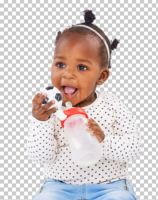 Buy stock photo Isolated African baby girl, bottle and happy for playing, soccer ball and transparent png background. Young black kid, learning and childhood development with playful, growth and infant fashion