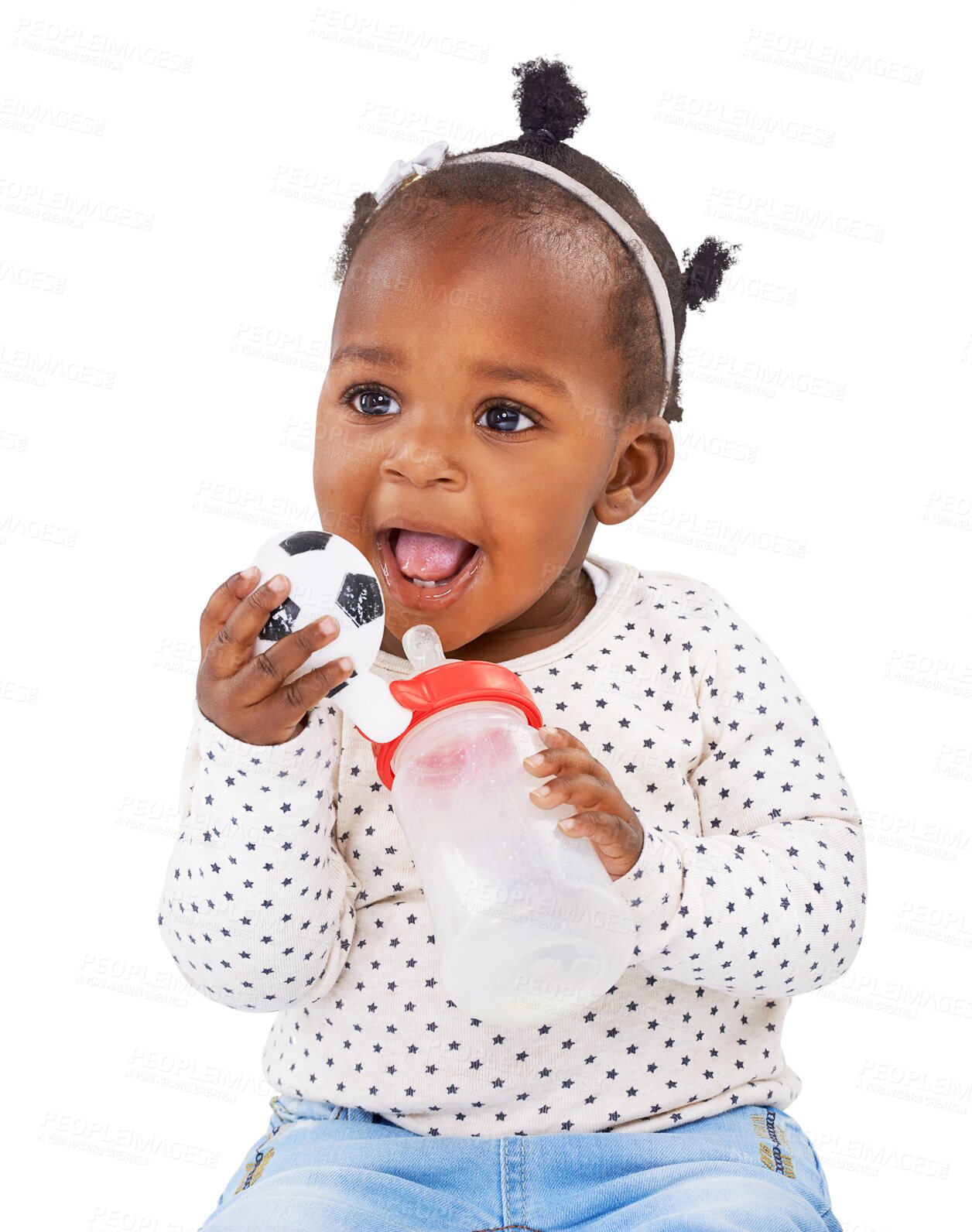 Buy stock photo Isolated African baby girl, bottle and happy for playing, soccer ball and transparent png background. Young black kid, learning and childhood development with playful, growth and infant fashion