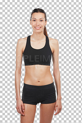 Buy stock photo Portrait, fitness and body with a sports woman isolated on transparent background for health or wellness. Exercise, training or workout with a happy young female athlete on PNG for diet or nutrition