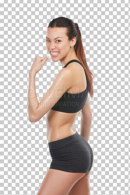 Buy stock photo Portrait, fitness and woman flexing, sports and confident girl isolated against a transparent background. Female person, model or athlete flex arm, workout or training with motivation, strong and png