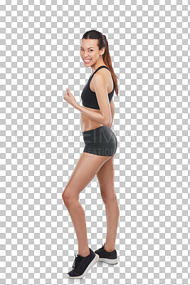 Buy stock photo Happy woman, fitness and fist in celebration for workout success isolated on a transparent PNG background. Fit, active and sport female person or winner in victory, achievement or goals for exercise