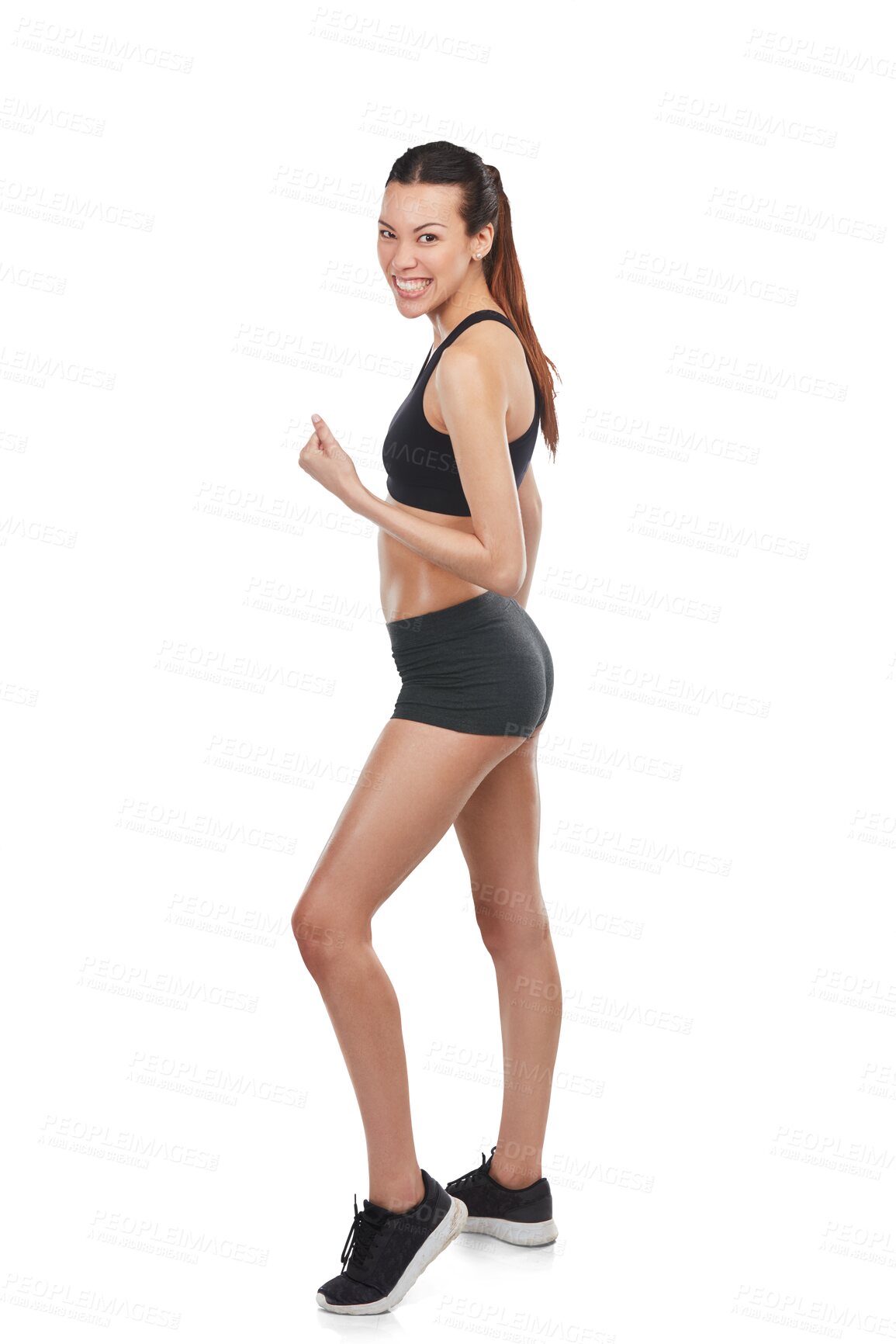 Buy stock photo Happy woman, fitness and fist in celebration for workout success isolated on a transparent PNG background. Fit, active and sport female person or winner in victory, achievement or goals for exercise