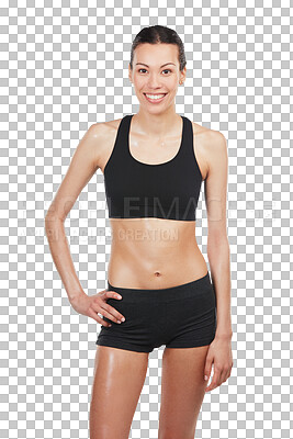 Buy stock photo Portrait, exercise and body with a sports woman isolated on transparent background for health or wellness. Fitness, training or workout with a happy young female athlete on PNG for diet or nutrition