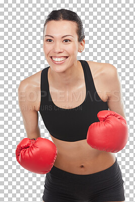 Buy stock photo Happy woman, boxer and smile in fitness for workout exercise isolated on a transparent PNG background. Excited female person, model or fighter smiling with boxing gloves for martial arts training