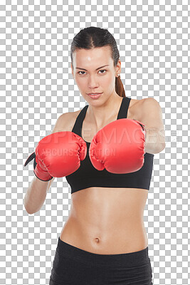 Buy stock photo Portrait, boxing and gloves with woman for training in png or isolated or transparent background. Workout, female boxer and energy with fist fight for exercise, mma fighter with strong muscles.