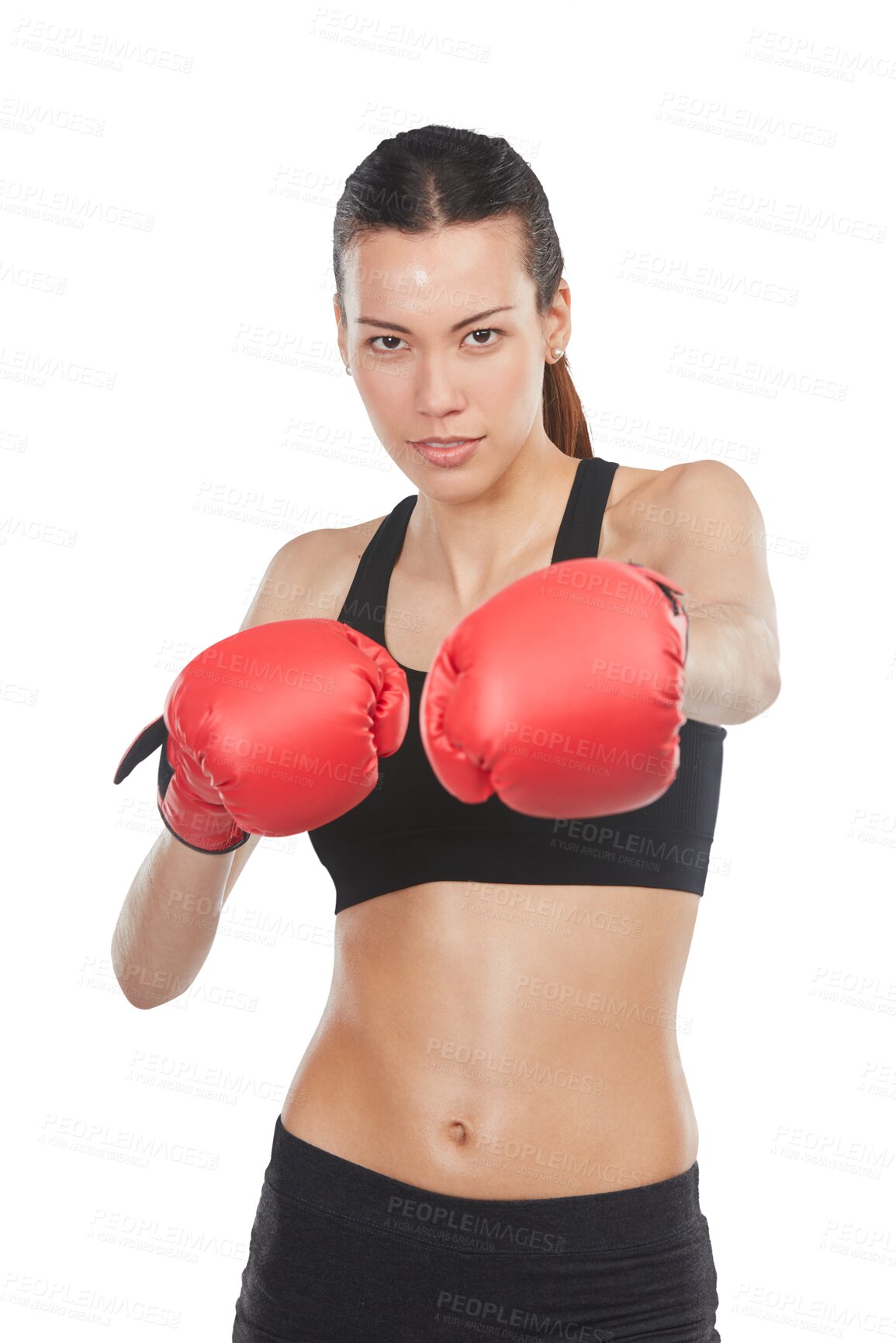 Buy stock photo Portrait, boxing and gloves with woman for training in png or isolated or transparent background. Workout, female boxer and energy with fist fight for exercise, mma fighter with strong muscles.