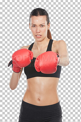 Buy stock photo Portrait, fight and woman boxing, training and athlete isolated against a transparent background. Female person, girl or boxer with energy, challenge and wellness with png, warrior power and strong