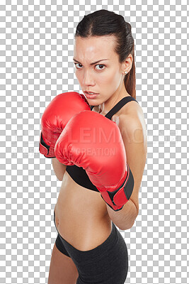 Buy stock photo Serious woman, portrait and boxer ready for fight standing isolated on a transparent PNG background. Female person, fighter or martial arts with boxing gloves in fitness training, practice or defense