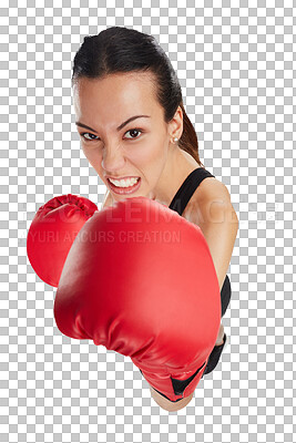 Buy stock photo High angle, angry woman and boxing in portrait isolated on a transparent png background. Face, boxer and athlete punching for exercise, sports and training for competition, fight or martial arts.