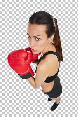 Buy stock photo Portrait, high angle of woman and boxing isolated on a transparent png background. Face, boxer and serious athlete ready to start exercise, workout or training for competition, fight or martial arts.