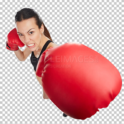 Buy stock photo Boxing, portrait of angry woman and high angle punch isolated on a transparent png background. Sports, boxer and female athlete exercise, training or challenge for competition, fight or martial arts.