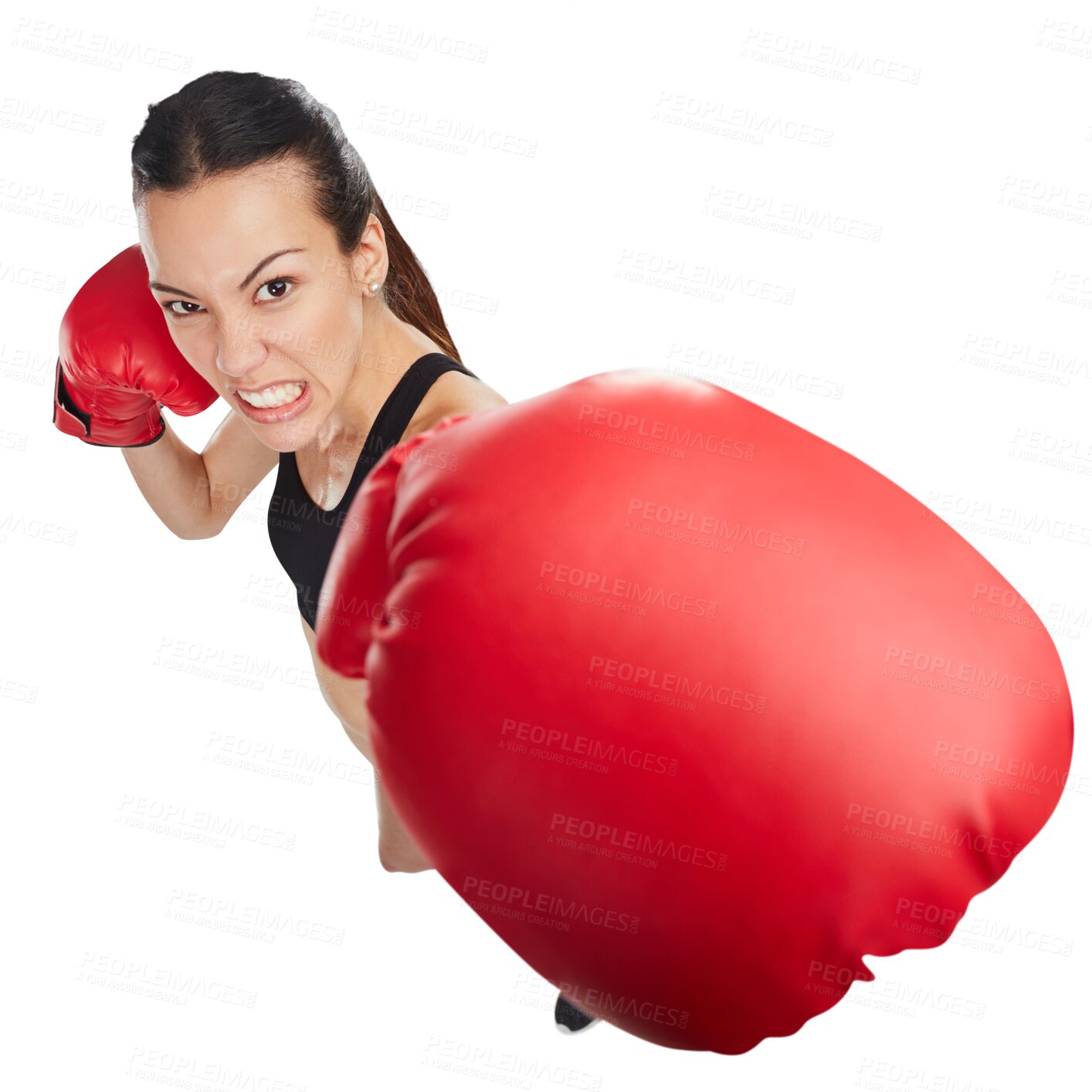 Buy stock photo Boxing, portrait of angry woman and high angle punch isolated on a transparent png background. Sports, boxer and female athlete exercise, training or challenge for competition, fight or martial arts.