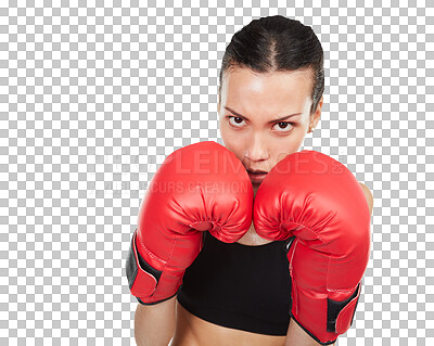 Buy stock photo Serious woman, portrait and boxer in defense martial arts for fight isolated on a transparent PNG background. Female person or fighter with boxing gloves in fitness training, practice or competition