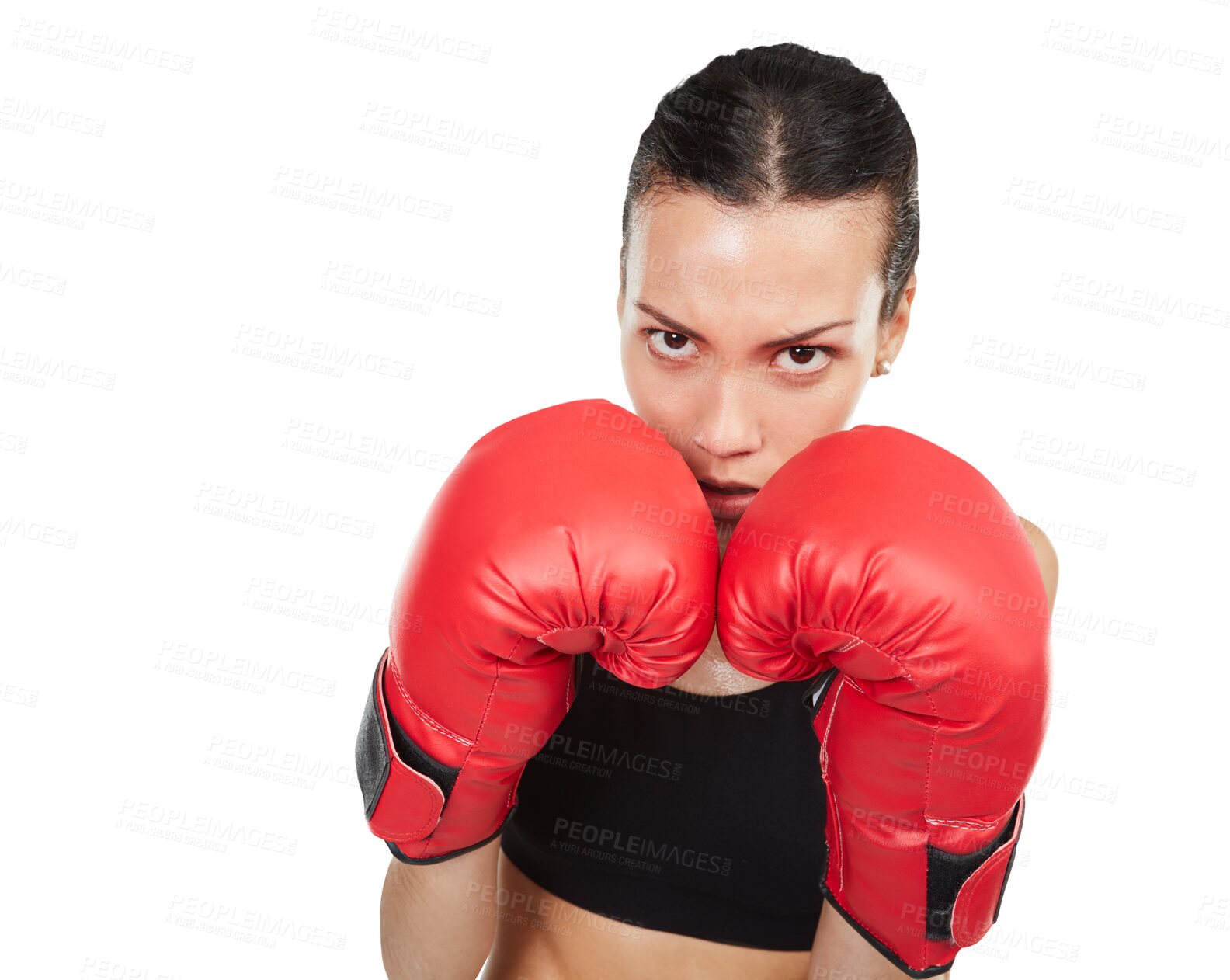 Buy stock photo Serious woman, portrait and boxer in defense martial arts for fight isolated on a transparent PNG background. Female person or fighter with boxing gloves in fitness training, practice or competition