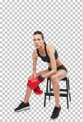 Buy stock photo Tired woman, fighter and break on chair after workout isolated on a transparent PNG background. Portrait of exhausted female person or boxer with boxing gloves sitting in timeout, break or rest