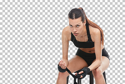 Buy stock photo Portrait, fitness and a kickboxing sports woman sitting on a chair isolated on a transparent background. Exercise, training and fighting with a female kickboxer strapping for wrist support on PNG