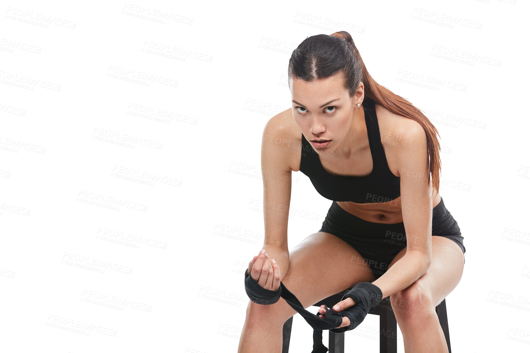 Buy stock photo Portrait, fitness and a kickboxing sports woman sitting on a chair isolated on a transparent background. Exercise, training and fighting with a female kickboxer strapping for wrist support on PNG