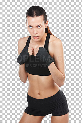 Buy stock photo Serious woman, portrait and boxer in fighting pose standing isolated on a transparent PNG background. Confident female person or determined fighter posing in stance for fight training or exercise