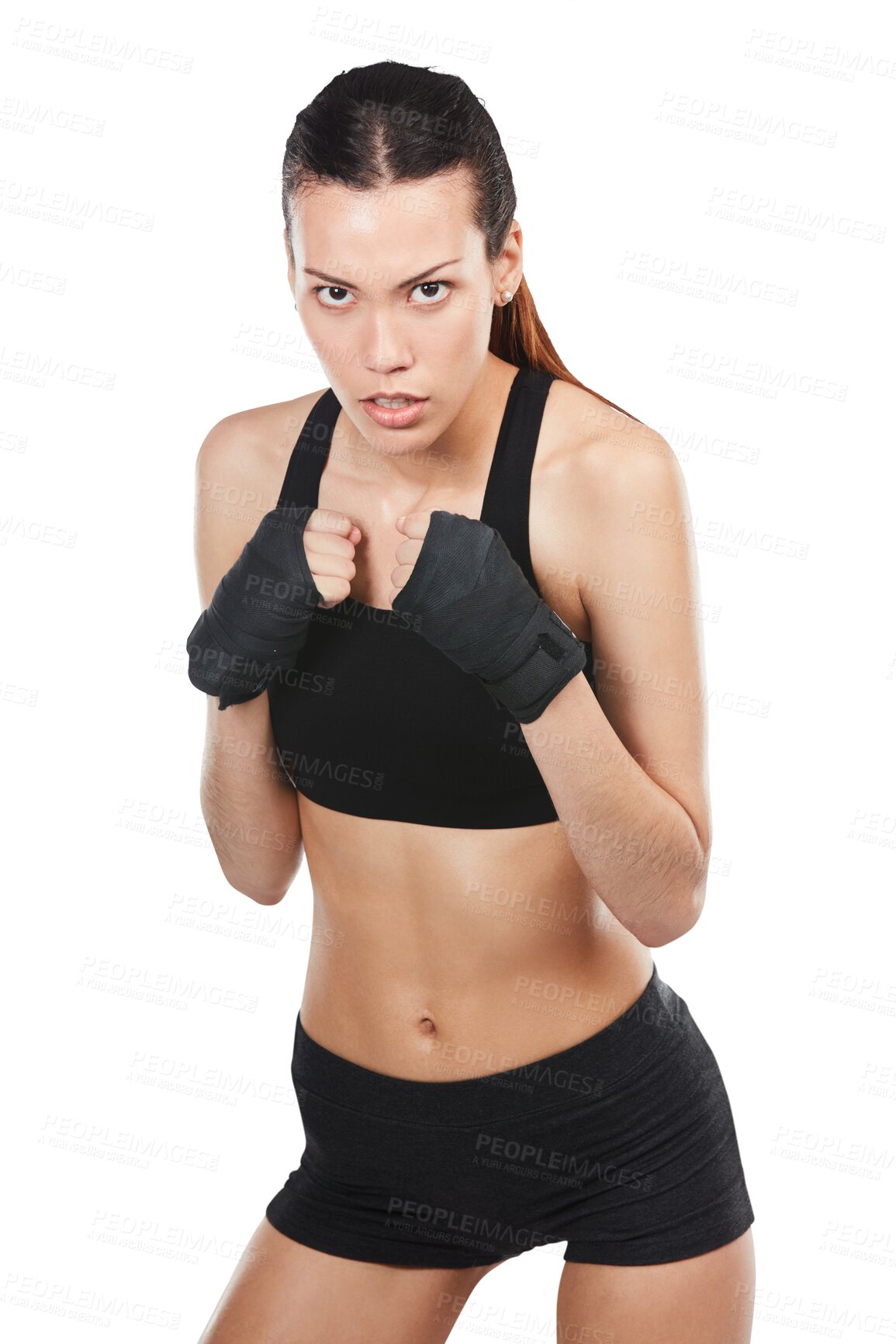 Buy stock photo Serious woman, portrait and boxer in fighting pose standing isolated on a transparent PNG background. Confident female person or determined fighter posing in stance for fight training or exercise