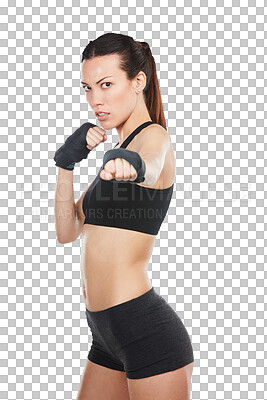 Buy stock photo Portrait, fitness and combat with a woman fighter isolated on a transparent background for kickboxing. Exercise, fighting or boxing with a young female athlete punching on PNG for self defense