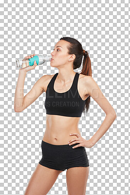 Buy stock photo Fitness, exercise and woman drinking water, health or athlete isolated against a transparent background. Female person, model or girl with a bottle, liquid or hydration with png, refresh and wellness