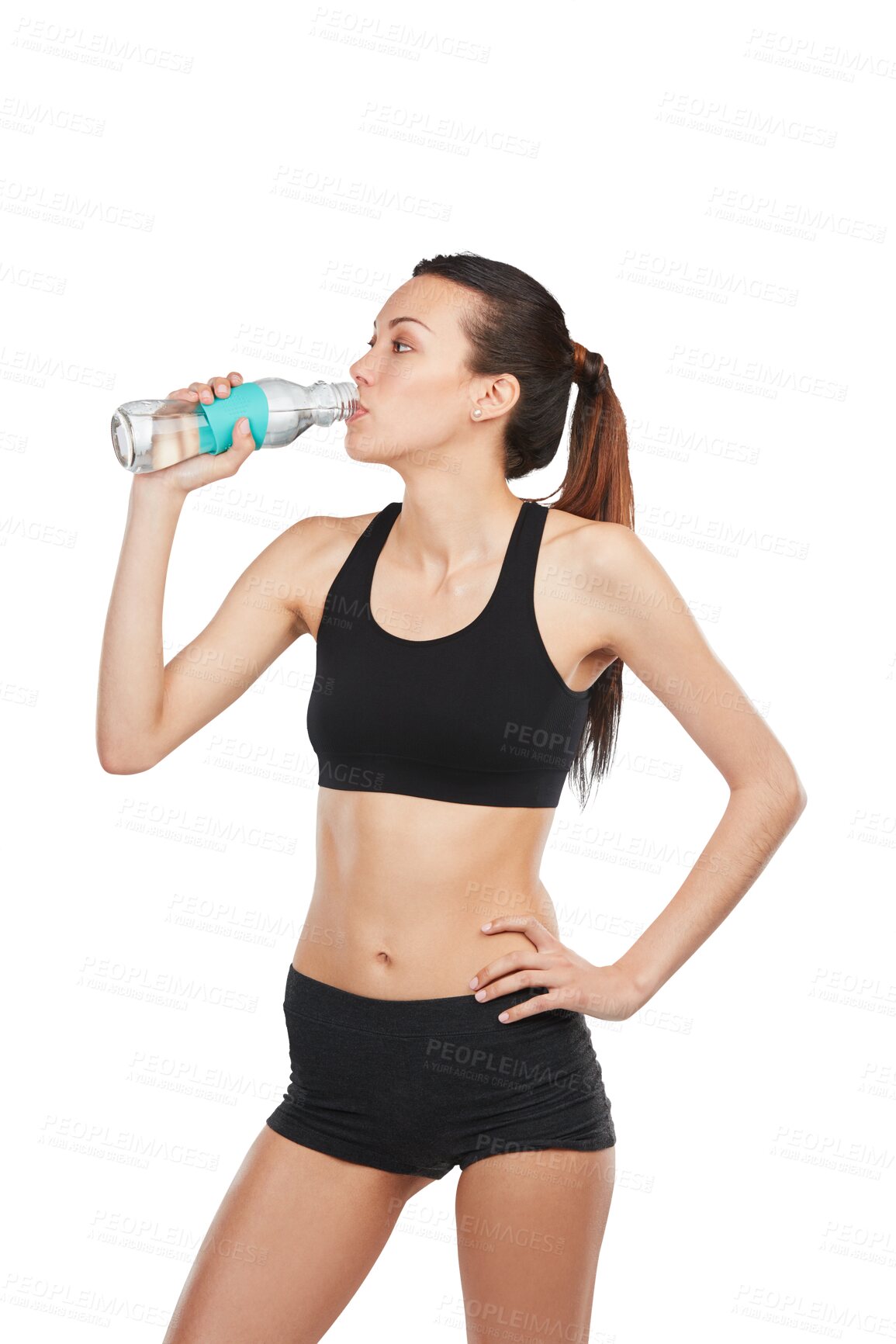 Buy stock photo Fitness, exercise and woman drinking water, health or athlete isolated against a transparent background. Female person, model or girl with a bottle, liquid or hydration with png, refresh and wellness