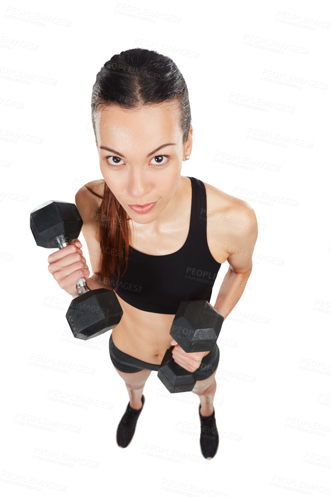 Buy stock photo Isolated bodybuilder woman, dumbbell and portrait in top view, fitness and transparent png background. Young body builder girl, personal trainer and weightlifting for training, exercise and workout