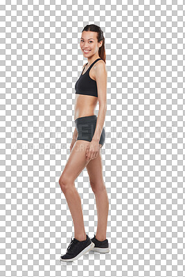 Buy stock photo Portrait, fitness and workout with a sports woman isolated on transparent background for health or wellness. Exercise, training or body with a happy young female athlete on PNG for diet or nutrition