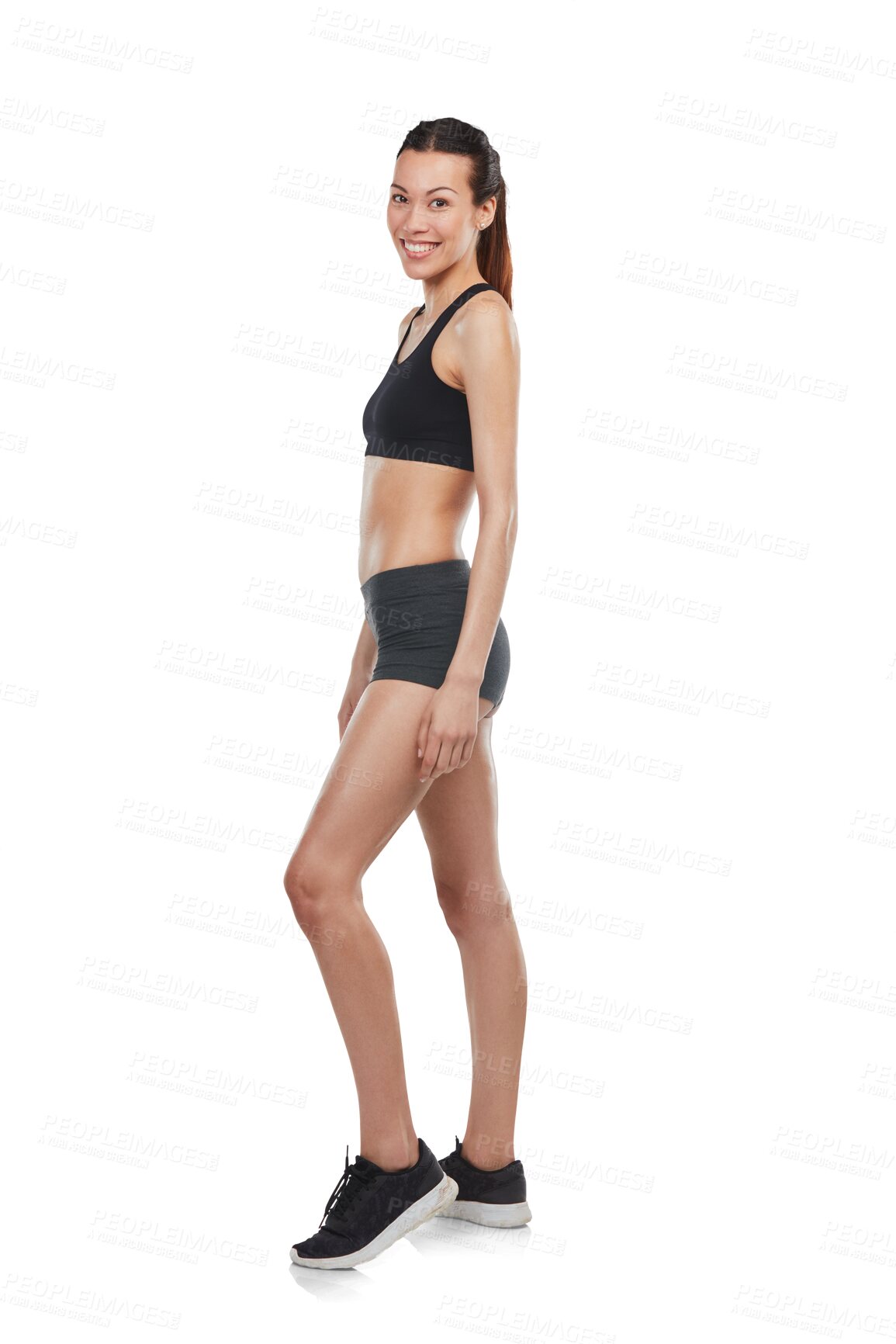 Buy stock photo Portrait, fitness and workout with a sports woman isolated on transparent background for health or wellness. Exercise, training or body with a happy young female athlete on PNG for diet or nutrition