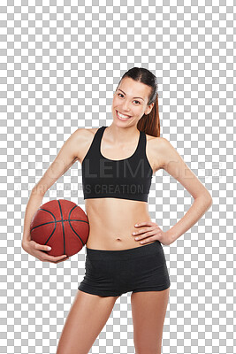 Buy stock photo Basketball player, woman and fitness portrait isolated on transparent, png background for exercise or body health. Workout goals of young athlete, model or person for sports training or competition