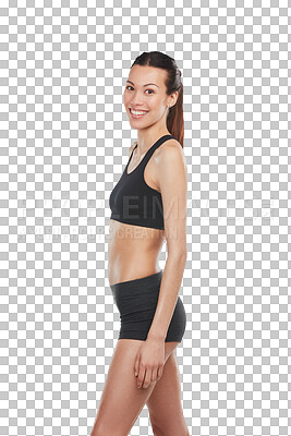 Buy stock photo Portrait, fitness and training with a sports woman isolated on transparent background for health or wellness. Exercise, body or workout with a happy young female athlete on PNG for diet or nutrition