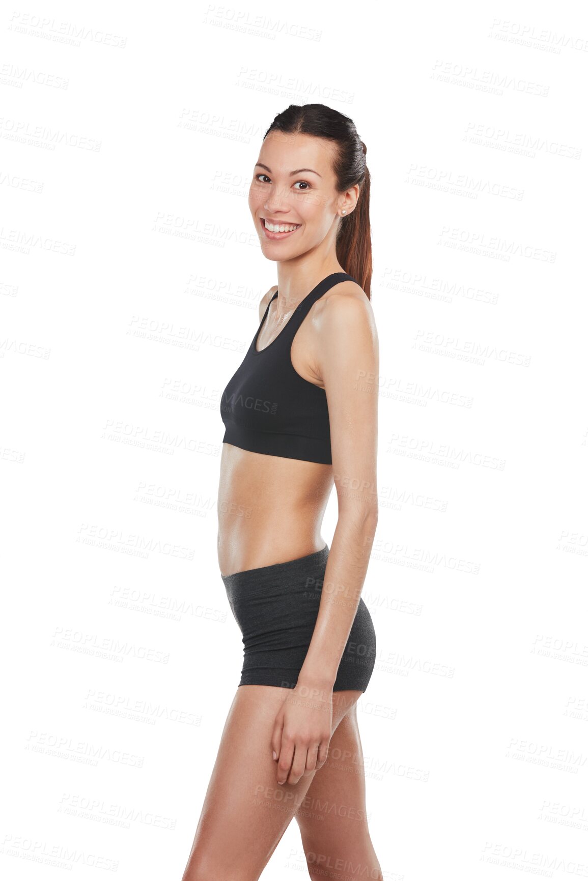 Buy stock photo Portrait, fitness and training with a sports woman isolated on transparent background for health or wellness. Exercise, body or workout with a happy young female athlete on PNG for diet or nutrition