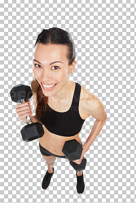 Buy stock photo Portrait, smile and dumbbells with a woman bodybuilder isolated on transparent background from above. Fitness, exercise or training with a happy female athlete lifting weights for strong arms on PNG