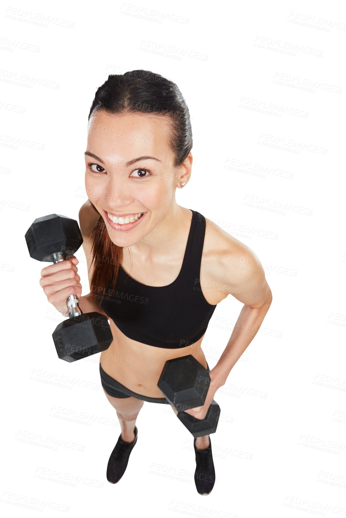 Buy stock photo Portrait, smile and dumbbells with a woman bodybuilder isolated on transparent background from above. Fitness, exercise or training with a happy female athlete lifting weights for strong arms on PNG