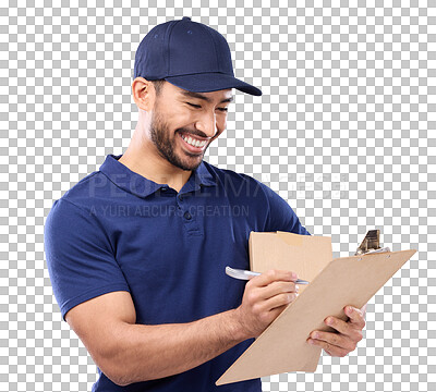 Buy stock photo Isolated delivery man, writing and checklist for service, commerce and smile by transparent png background. Happy courier person, clipboard and notes for logistics, sales or supply chain paperwork